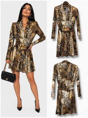 Marc Bouwer | NWOT Y2K Brown Leopard Zebra Print Long Sleeve Wrap Dress (size S)